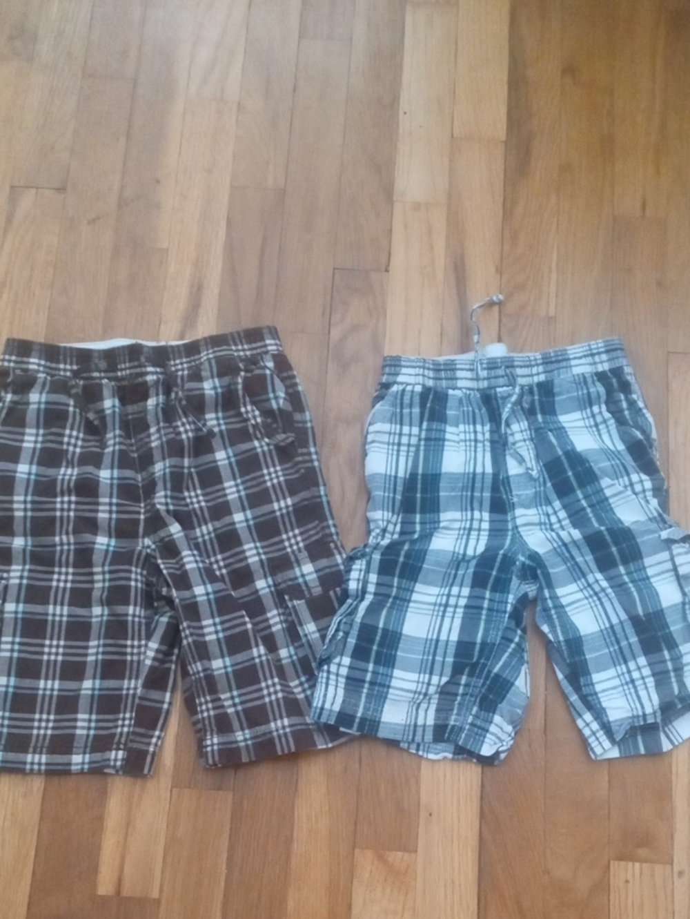 Plaid Cotton Cargo Shorts, boys 7, Brown and Blue